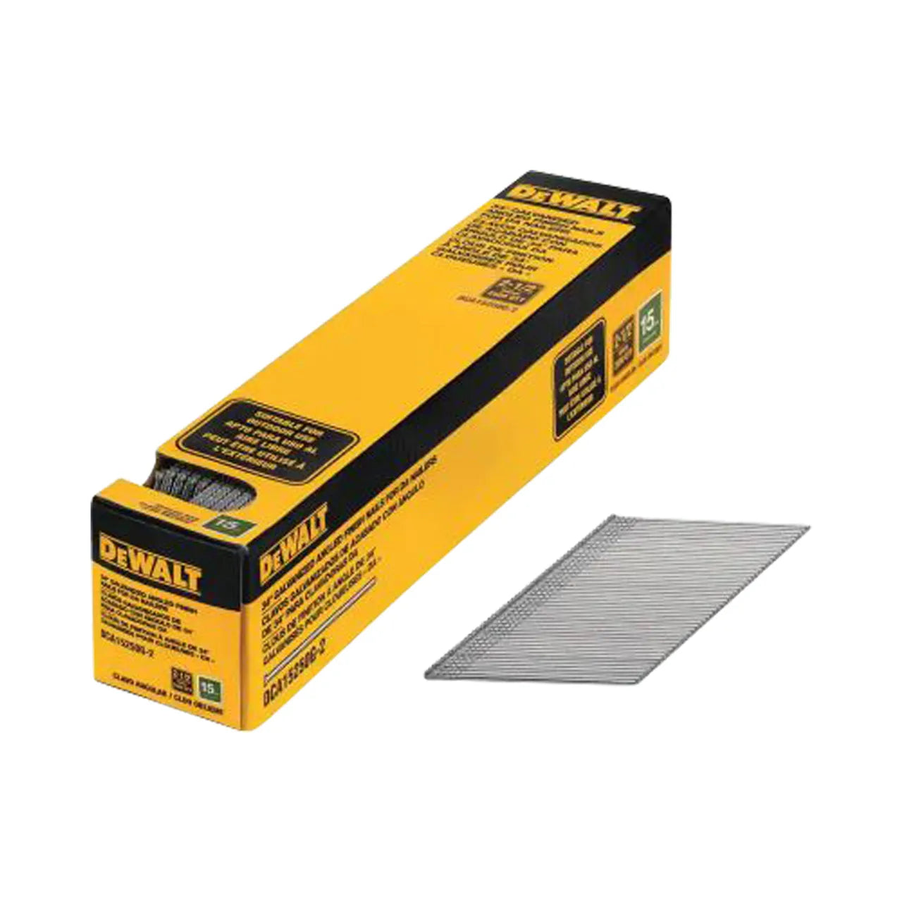 A box of Go Build 2-1/2 in. x 15 Ga. Angled Nails - Galvanized (2500/Pack) is shown in yellow and black with a stack of silver nails beside it on a white background. Brand: Go Build, The Fastest Way To Build.